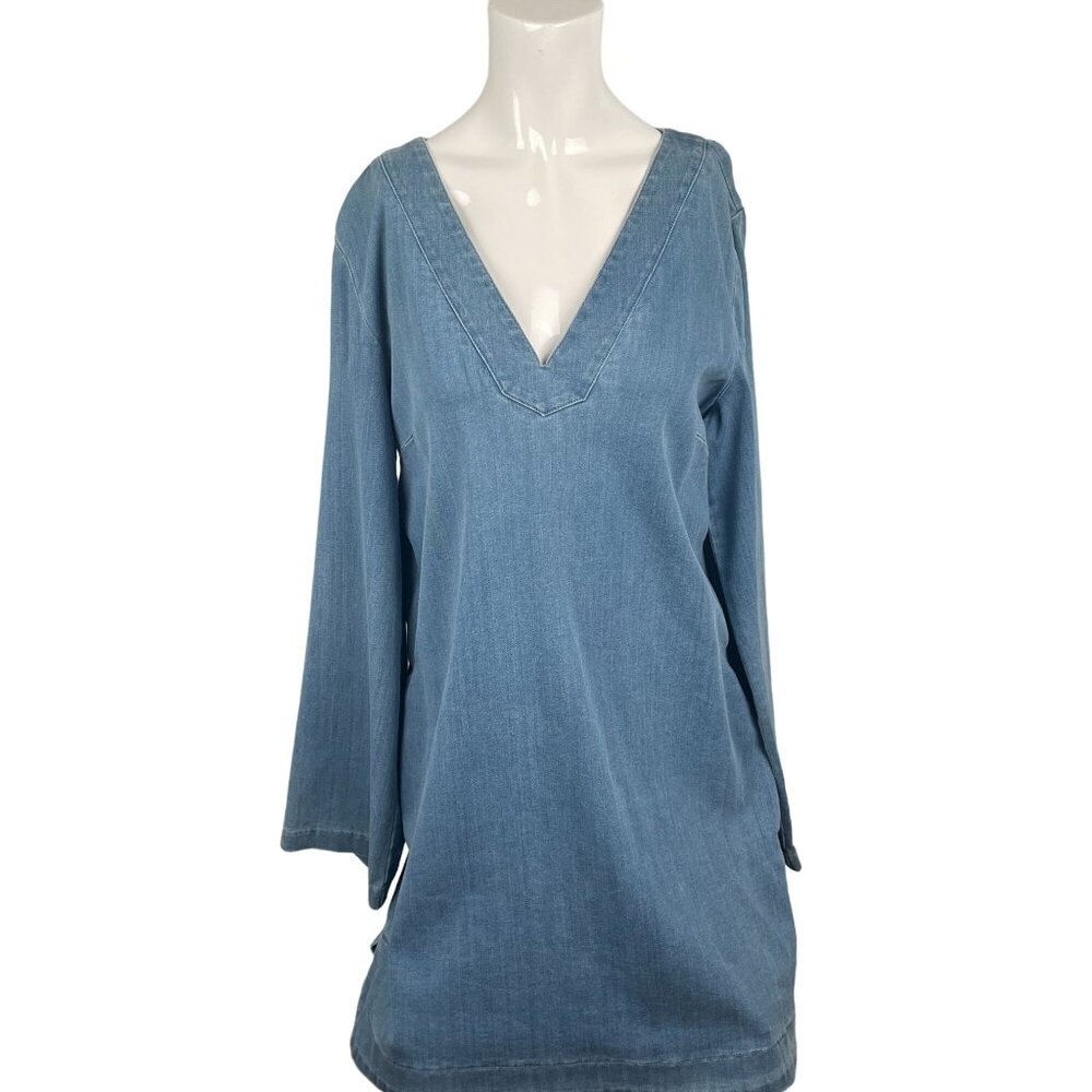 INC  Womens V-Neck Denim Tunic Dress - Size 4 - Mini Bell Sleeve Zipper Back